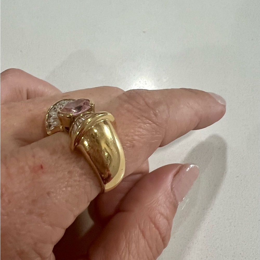 Sterling Silver 925 Gold Vermeil Bow Ring Pink stone and Baguette cz Accents 7